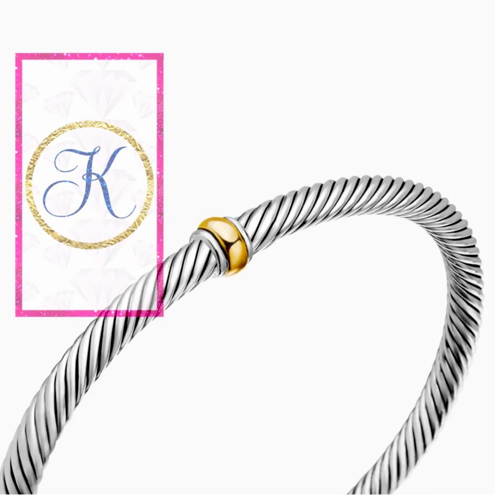 Artistic Cable Bangle Bracelet, Twisted Two Tone Cable Bangle Cuff Bracelet